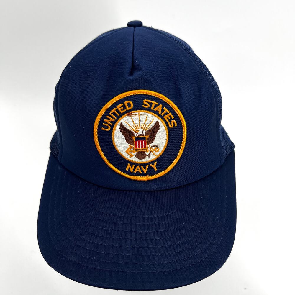 VTG Speedway Label United States Navy Patch Navy Blue Snapback Trucker Hat OS